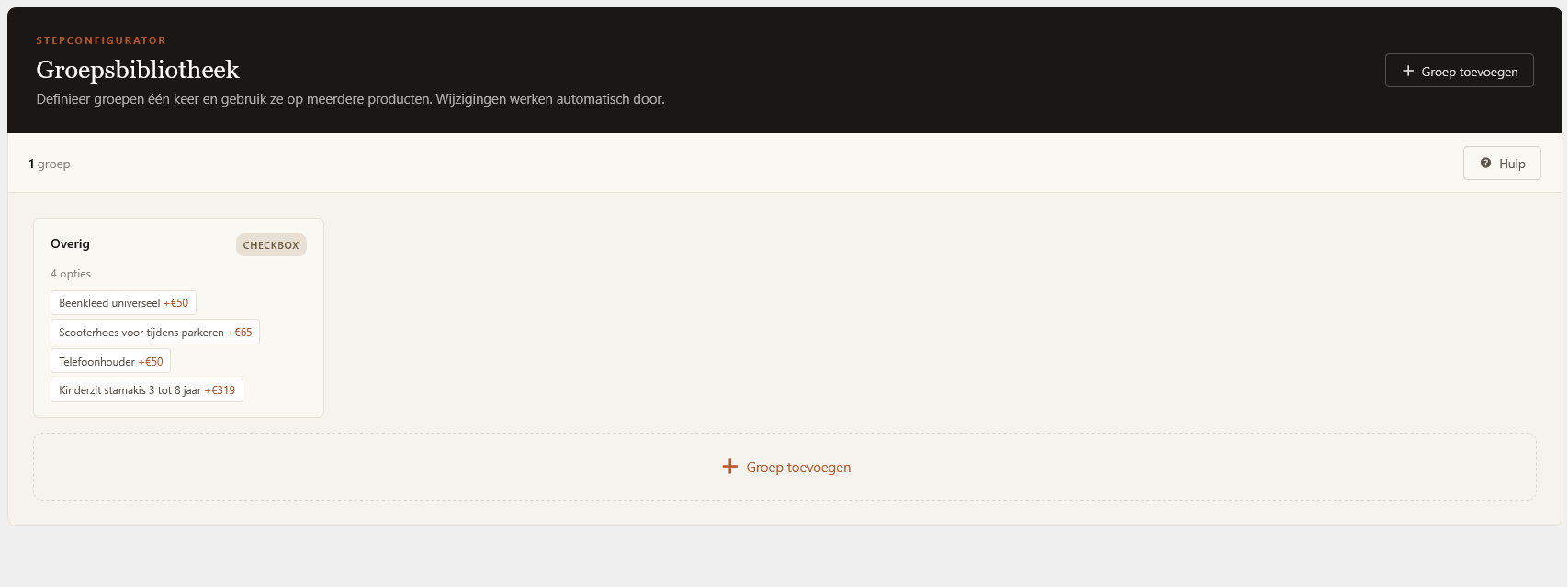Stepconfigurator admin paneel met groepsbibliotheek voor herbruikbare optiegroepen