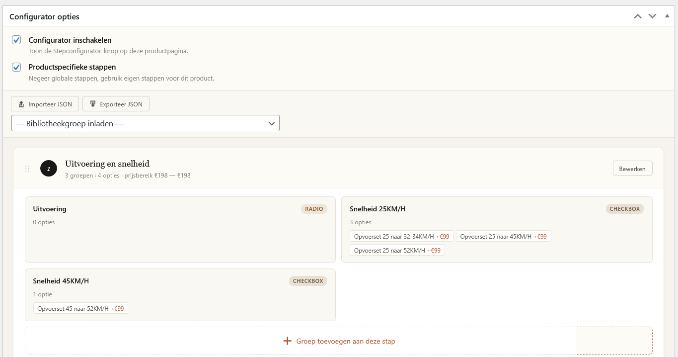 Stepconfigurator admin paneel met productspecifieke stappen en optiegroepen editor