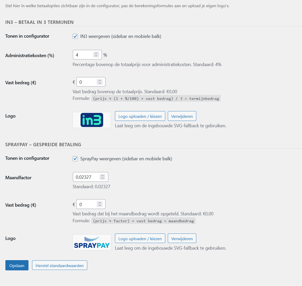 iDEAL in3 en SprayPay instellingen